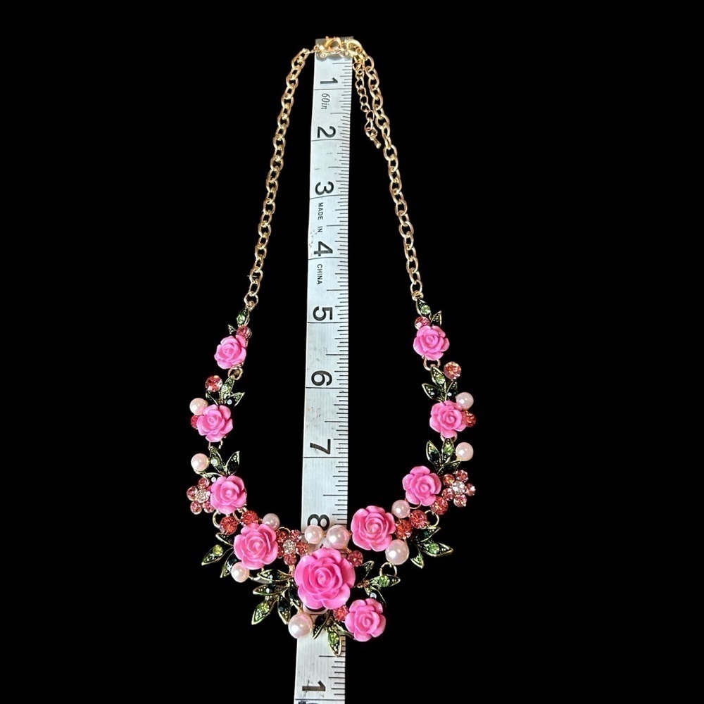 Pink Flower Rose Cluster Necklace Earring Set w/ Faux Pearl & Rhinestone Accents - Picture 12 of 15